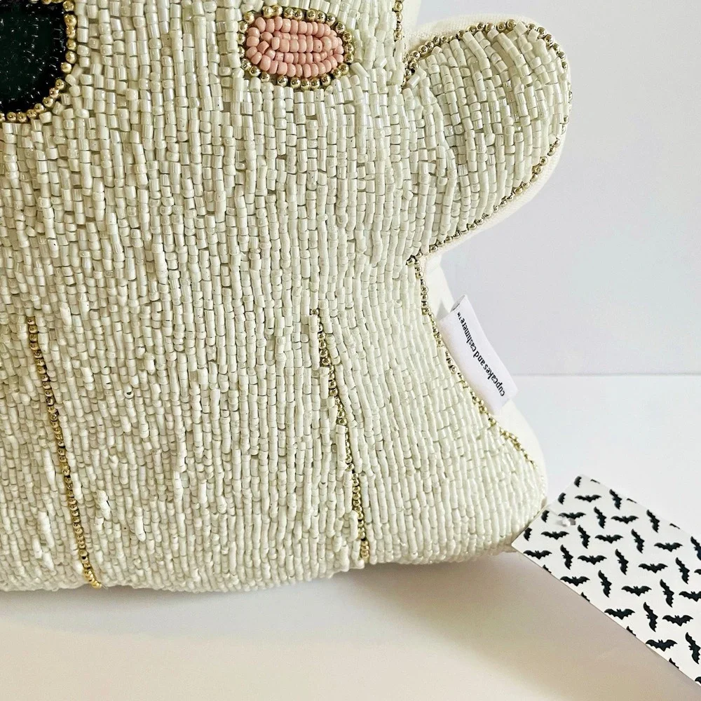 Cupcakes and Cashmere Beaded Ghost Halloween Pillow‎ Heart Eyes